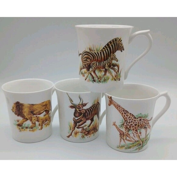 Rosina Set 4 Mugs Bone China African Wildlife Babies Lion Zebra Bonho Giraffe - Picture 1 of 8